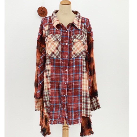 Oli & Hali Tops - Oli & Hali Wash Mix Plaid Shirt Large Pockets Patchwork Distressed Cotton Blend
